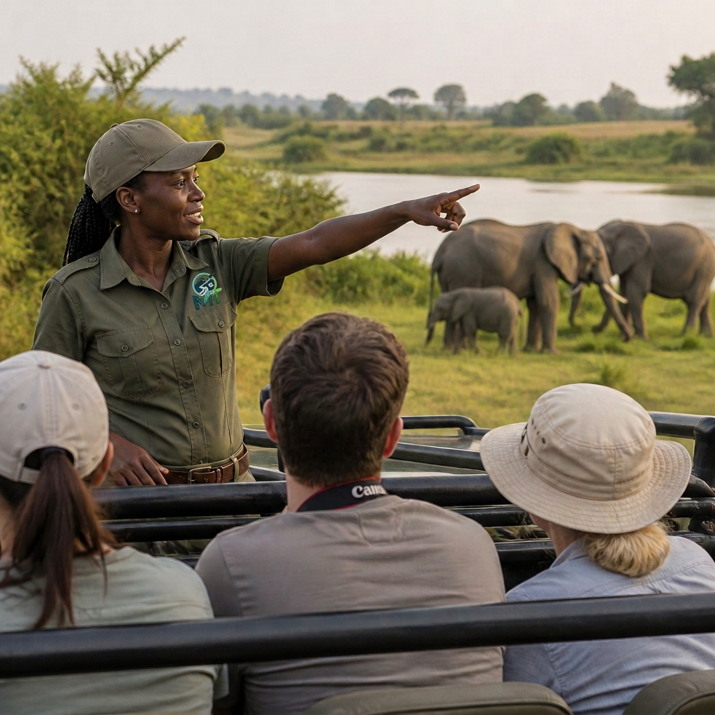 Guide pointing out elephants to visitors on a game drive