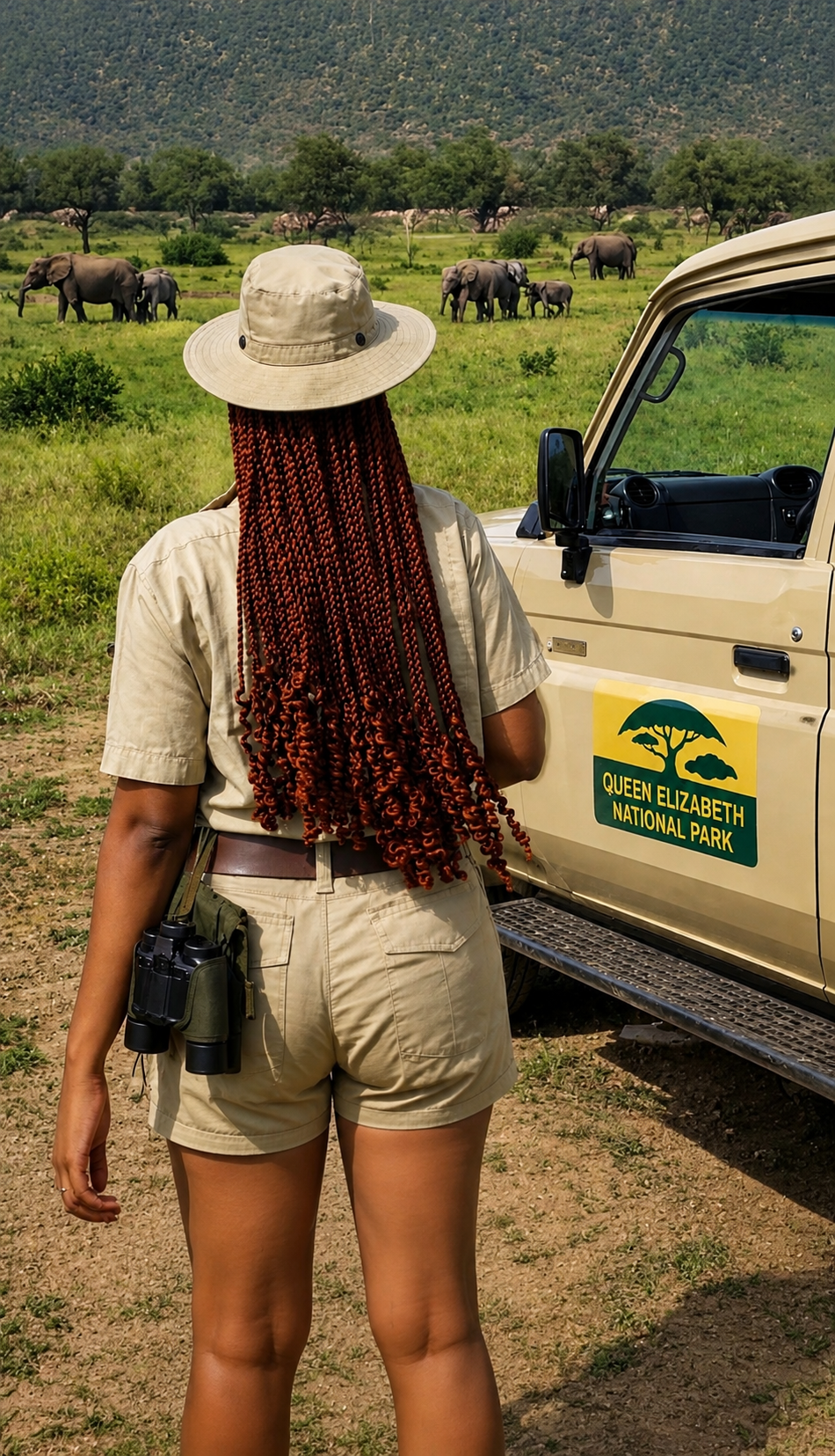Friendly female Ugandan tour guide in safari clothing at Queen Elizabeth National Park