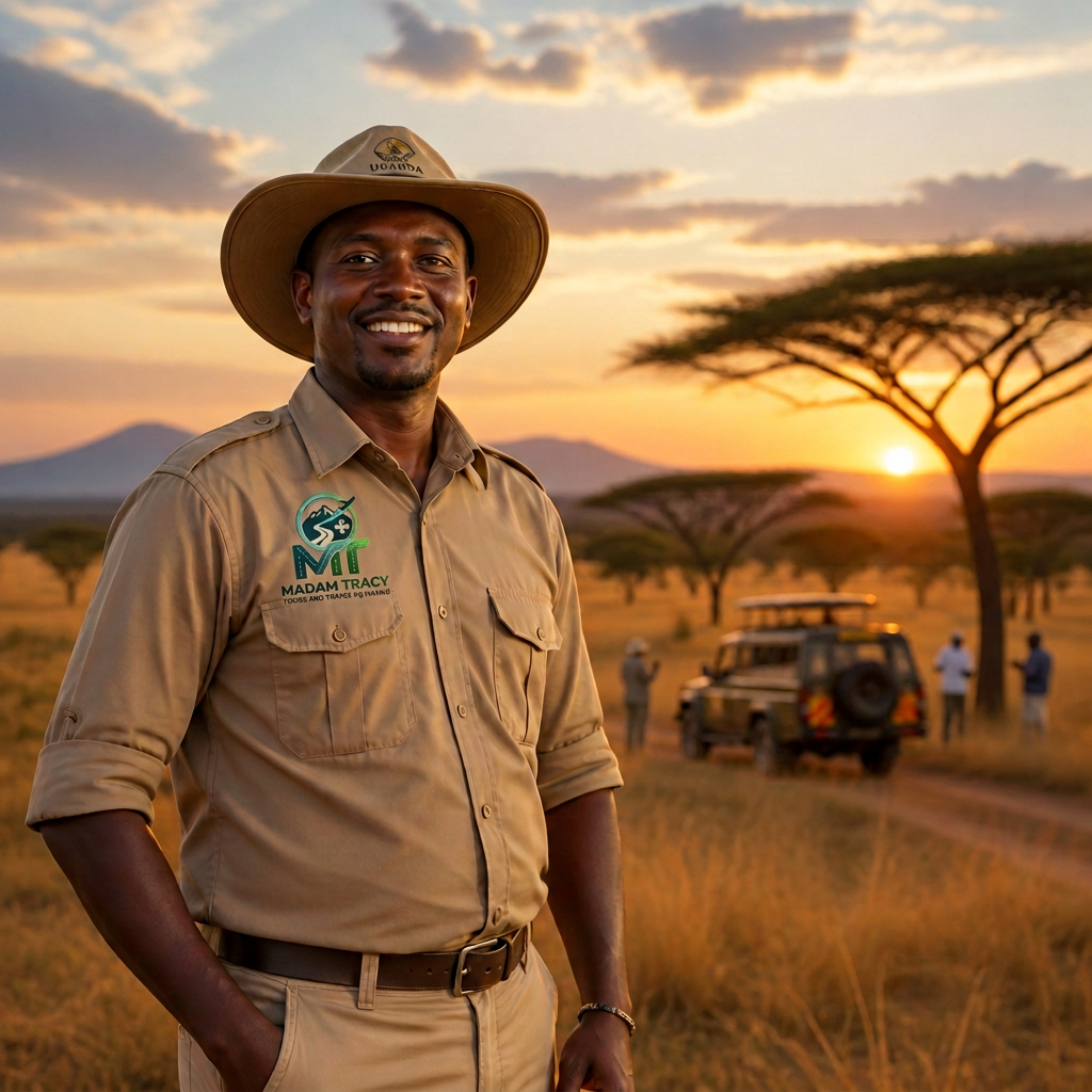 Male Ugandan tour guide at sunset on the savanna