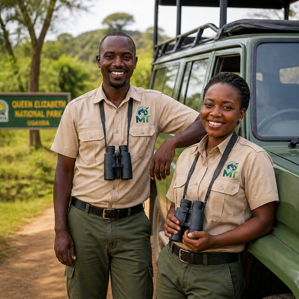 Male and female Ugandan tour guides ready for a safari